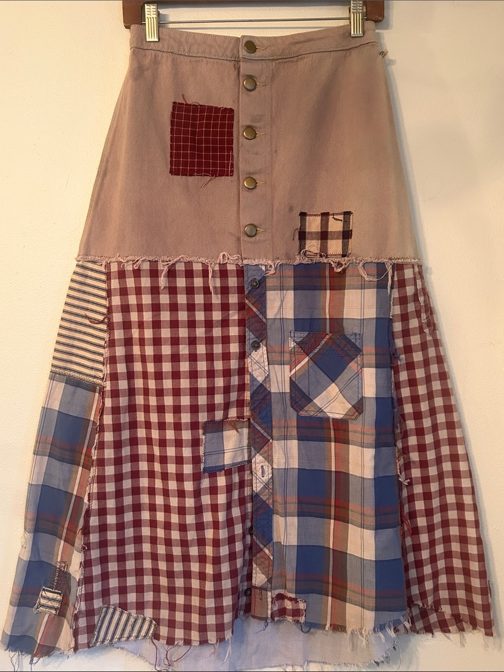 Upcycled patched American apparel denim and plaid button down shirt skirt